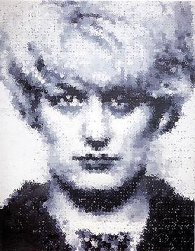 A digital image of a painting of Myra Hindley's mugshot, made using casts of an infant's hand.